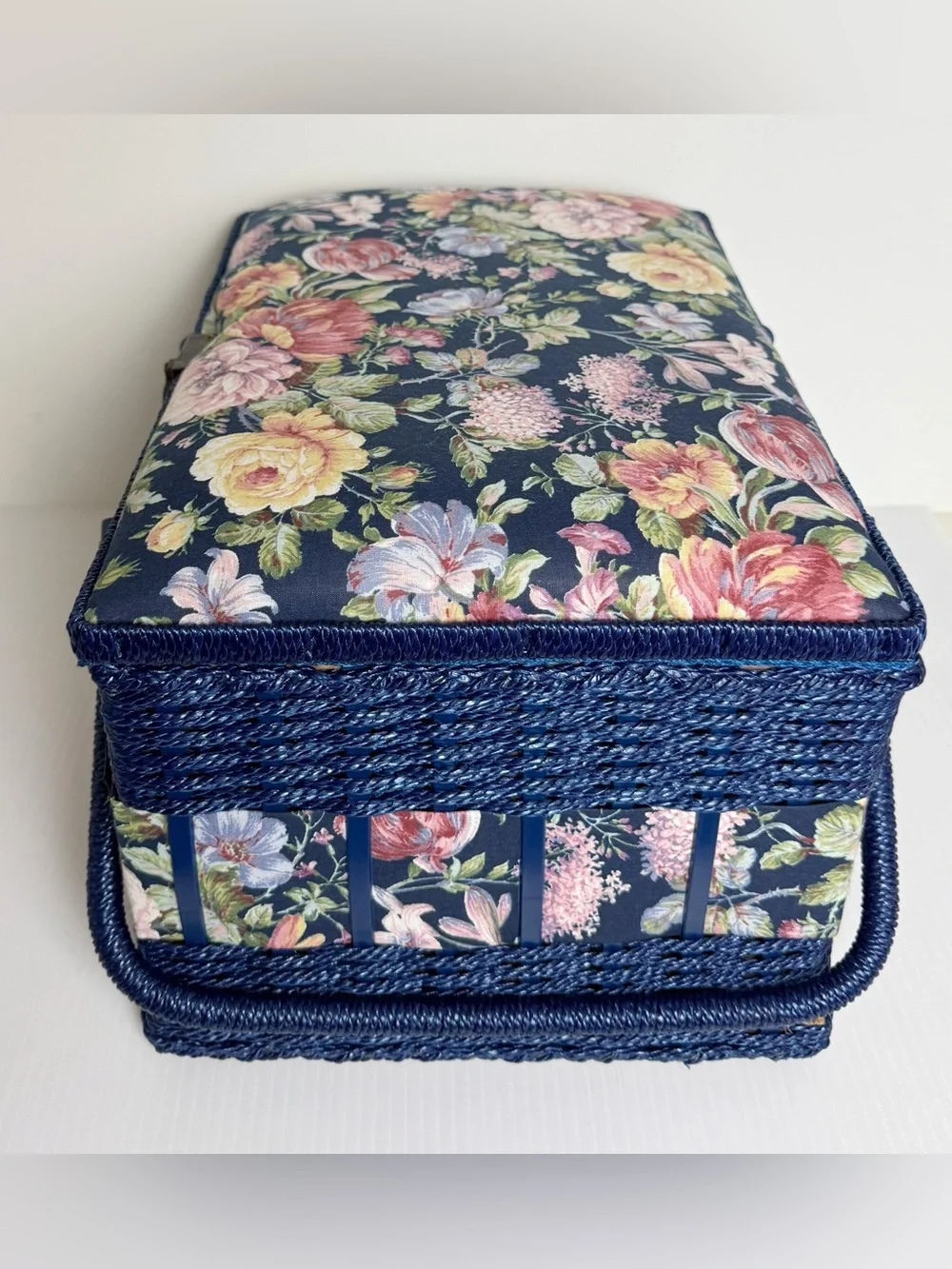 Vintage Blue Floral Wicker Sewing Basket Box Organizer w Lid Handles & Pocket